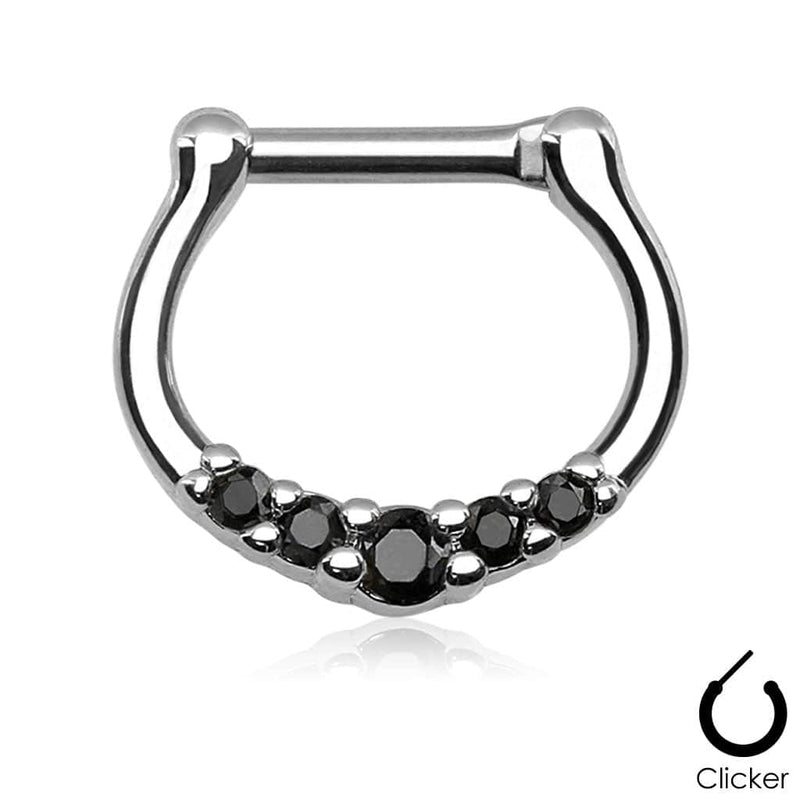 16ga Small All Black 5 Prong Set CZ Septum Ring  316L Surgical Steel Bar Clicker - Pierced Universe