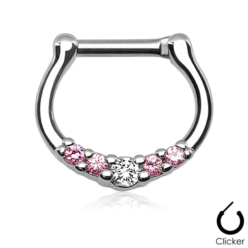 16ga Small White and Pink 5 Prong Set CZ Septum Ring  316L Surgical Steel Bar Clicker - Pierced Universe