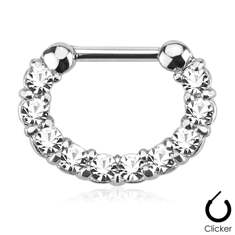 16ga Surgical Steel Bar 10 Gem Paved Clear White Nose Septum Clicker Ring Jewelry - Pierced Universe
