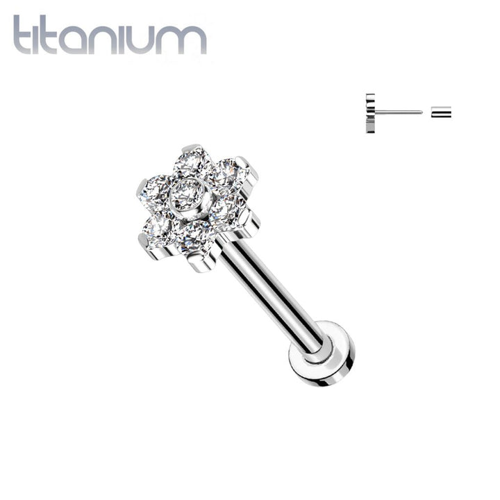 Implant Grade Titanium Threadless Push In Nose Ring White CZ Flower With Flat Back - Pierced Universe