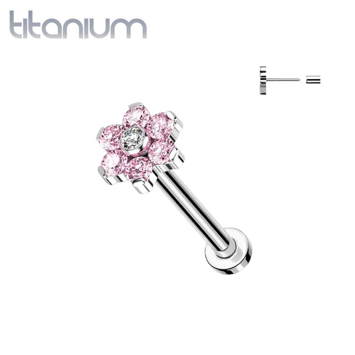 Implant Grade Titanium Threadless Push In Nose Ring Pink CZ Flower With Flat Back - Pierced Universe