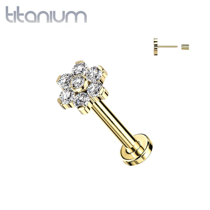 Implant Grade Titanium Gold PVD Threadless Push In Nose Ring White CZ Flower With Flat Back - Pierced Universe
