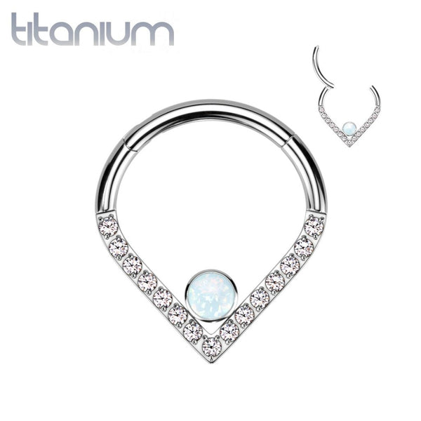 Implant Grade Titanium V Chevron with Single Opal Gem Hinged Clicker Hoop - Pierced Universe