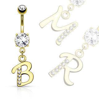 316L Gold Plated Surgical Steel Dangling White CZ Gem Initials - Pierced Universe