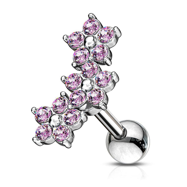 316L Surgical Steel 3 Flower Pink CZ Cartilage Ring Barbell - Pierced Universe