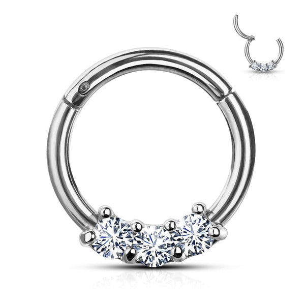 316L Surgical Steel 3 Gem White CZ Hinged Septum Ring Clicker - Pierced Universe