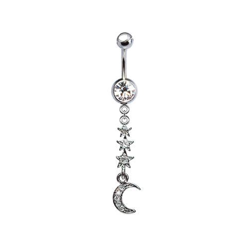 316L Surgical Steel 3 Star and Moon CZ Dangle Belly Ring - Pierced Universe