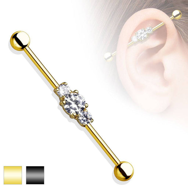 316L Surgical Steel 3 White Center Studded CZ Industrial Piercing - Pierced Universe