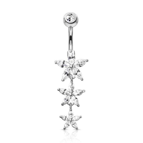 316L Surgical Steel 3 White CZ Flower Dangle Belly Ring - Pierced Universe