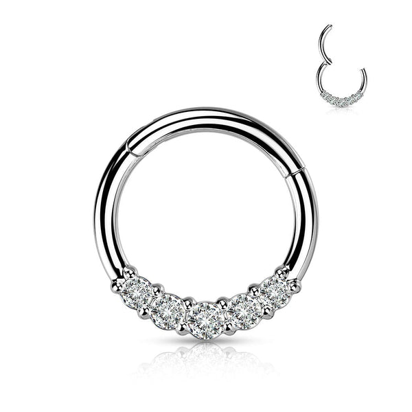 316L Surgical Steel 5 Gem White CZ Hinged Clicker Hoop