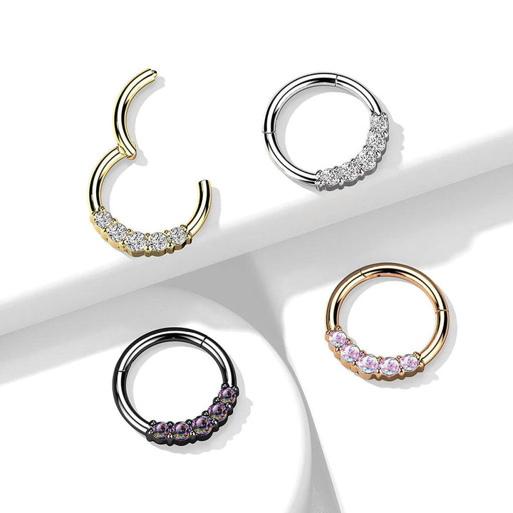 316L Surgical Steel 5 White CZ Gem Dainty Septum Ring Hinged Clicker Hoop - Pierced Universe
