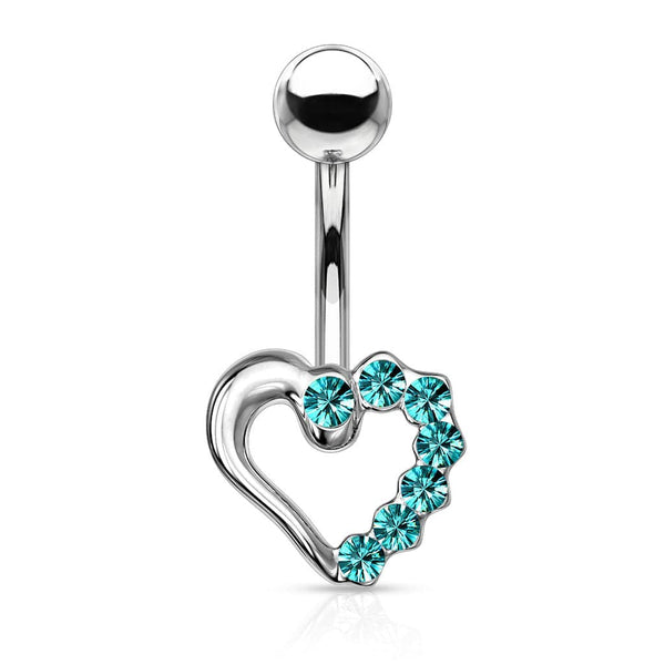 316L Surgical Steel Aqua CZ Heart Outline Stud Belly Ring - Pierced Universe