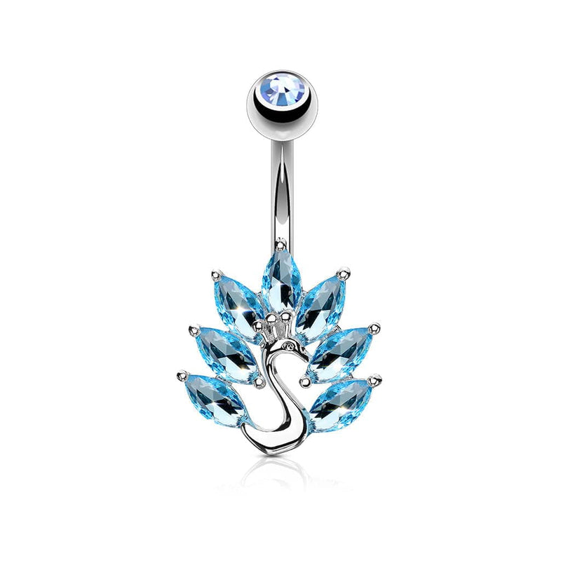 316L Surgical Steel Aqua CZ Peacock Belly Ring - Pierced Universe