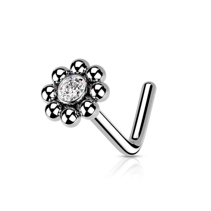 316L Surgical Steel Ball White CZ Gem Flower L-Shape Nose Ring Stud - Pierced Universe