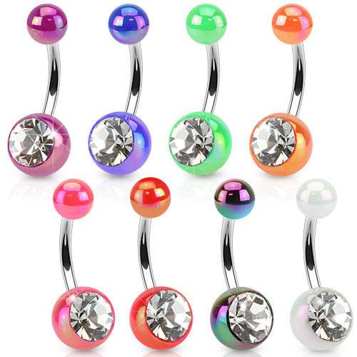 316L Surgical Steel Bar with Shine Acrylic Balls with Clear Crystal CZ Gem - Pierced Universe