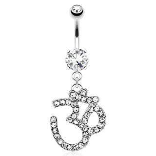 316L Surgical Steel Belly Button Navel Ring Dangling Hindu All CZ Ohm Symbol - Pierced Universe