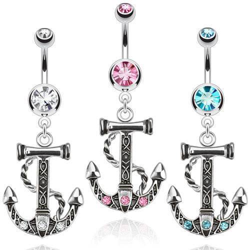 316L Surgical Steel Belly Button Navel Ring with Antique Dangling Vintage Gem Anchor - Pierced Universe