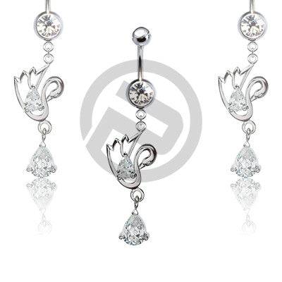 316L Surgical Steel Belly Button Navel Ring with Swan Teardrop CZ Dangle - Pierced Universe