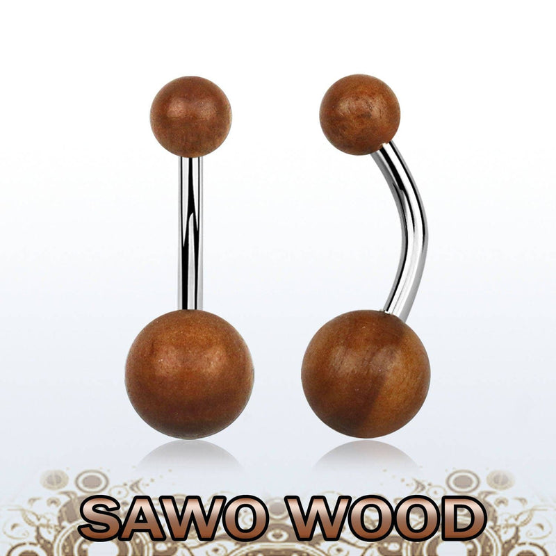 316L Surgical Steel Belly Button Ring with Sawo Wood Balls - Pierced Universe