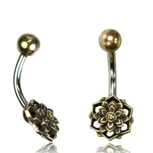 316L Surgical Steel Belly Ring Bar with 3D Brass Lotus Flower - Pierced Universe
