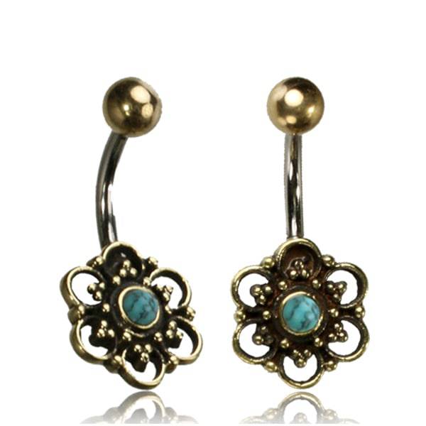 316L Surgical Steel Belly Ring Bar with Brass Flower & Turquoise - Pierced Universe