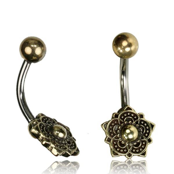 316L Surgical Steel Belly Ring Bar with Brass Lotus Flower - Pierced Universe