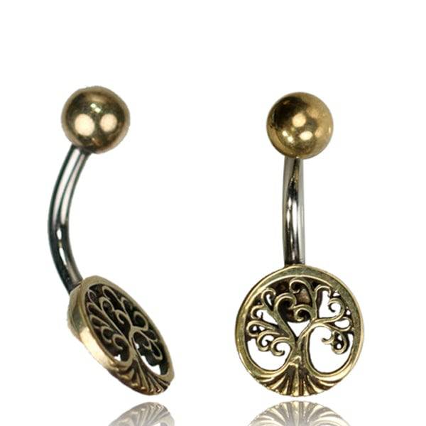 316L Surgical Steel Belly Ring Bar with Brass Tree of Life - Pierced Universe