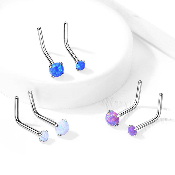 316L Surgical Steel Bent L Shape Nose Ring Stud with Blue Opal Gem - Pierced Universe