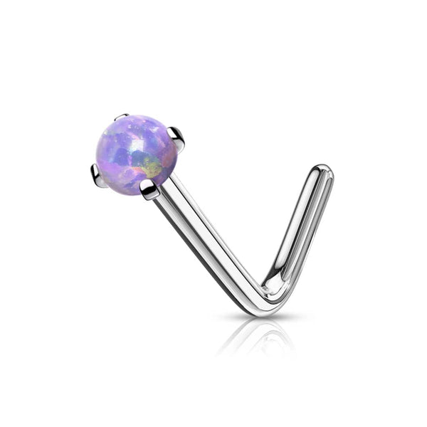 316L Surgical Steel Bent L Shape Nose Ring Stud with Purple Opal Gem - Pierced Universe