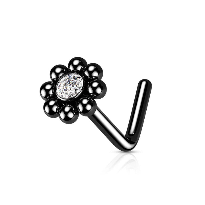 316L Surgical Steel Black PVD Ball White CZ Gem Flower L-Shape Nose Ring Stud - Pierced Universe