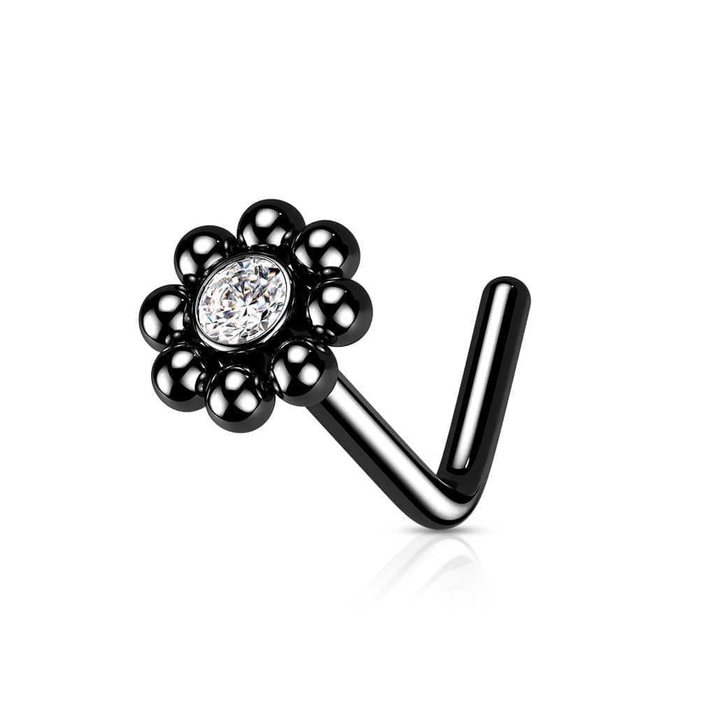 316L Surgical Steel Gold PVD Ball White CZ Gem Flower L-Shape Nose Ring Stud 316L Surgical Steel Gold PVD Ball White CZ Gem Flower L-Shape Nose Ring Stud