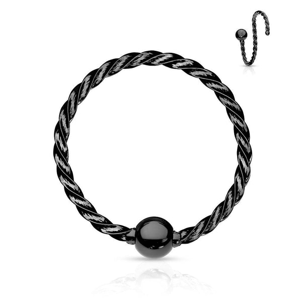 316L Surgical Steel Black PVD Twisted Rope Nose Hoop Ring with Fixed Ball - Pierced Universe