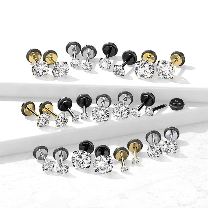 316L Surgical Steel Black PVD White CZ Round Clawed Fake Plug Earrings - Pierced Universe