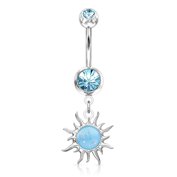 316L Surgical Steel White Glitter Opal Tribal Sun Belly Button Ring 316L Surgical Steel White Glitter Opal Tribal Sun Belly Button Ring