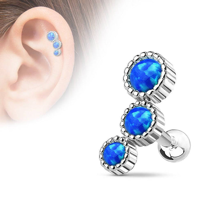 316L Surgical Steel Blue Opal 3 Gem Cartilage Ring - Pierced Universe