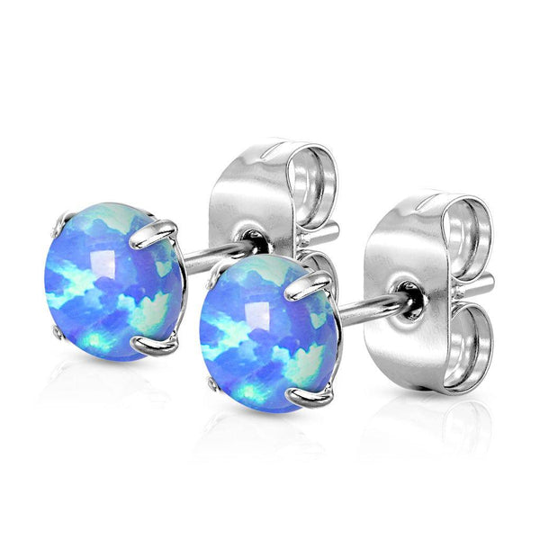 316L Surgical Steel Blue Opal Earrings Studs - Pierced Universe