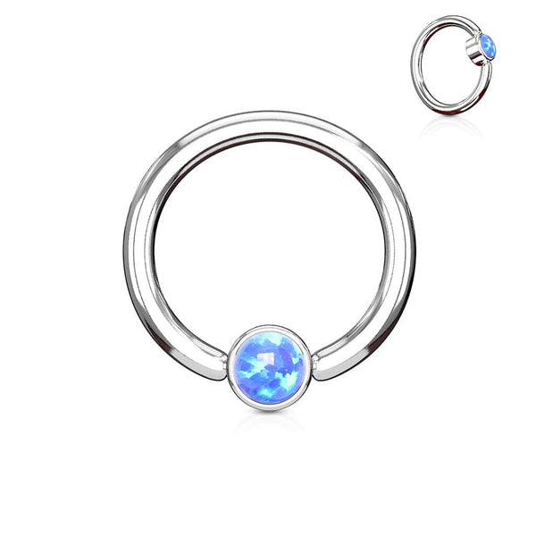 316L Surgical Steel Blue Opal Flat Disk Captive Bead Ring Hoop Ring - Pierced Universe