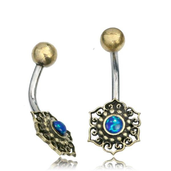 316L Surgical Steel & Brass Flower with Blue Opal  Belly Ring - Pierced Universe