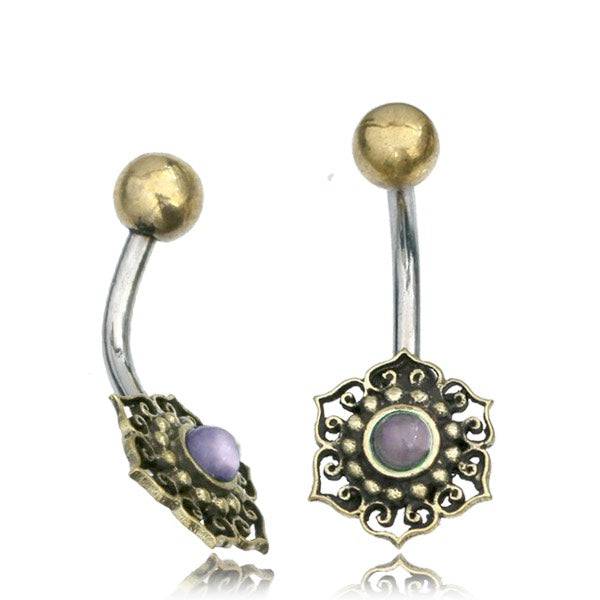 316L Surgical Steel & Brass Lotus Flower with Purple Moon Stone  Belly Ring - Pierced Universe