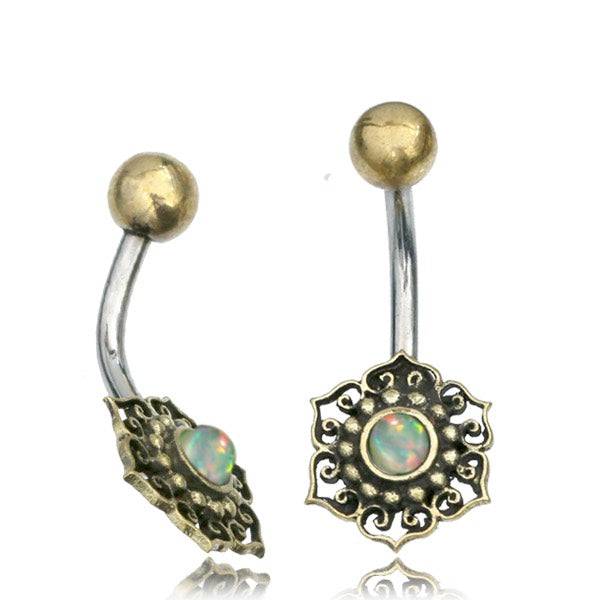 316L Surgical Steel & Brass Lotus Flower with White Opal  Belly Ring - Pierced Universe