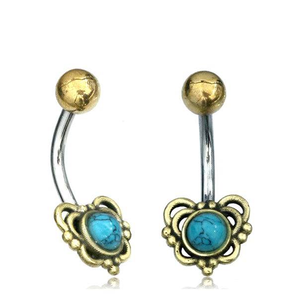 316L Surgical Steel & Brass Turquoise Heart  Belly Ring - Pierced Universe