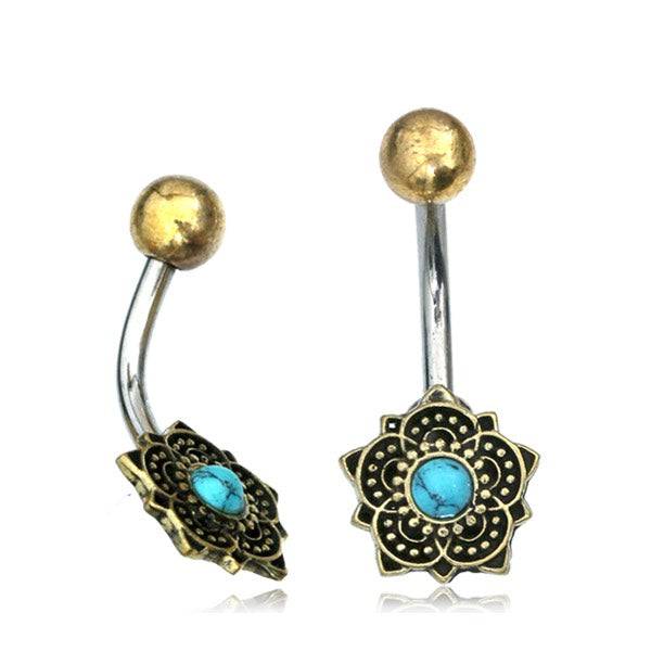 316L Surgical Steel & Brass Turquoise Lotus Flower Belly Ring - Pierced Universe