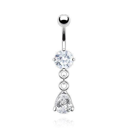 316L Surgical Steel Clawed White CZ Circle With Teardrop Dangle Belly Ring - Pierced Universe