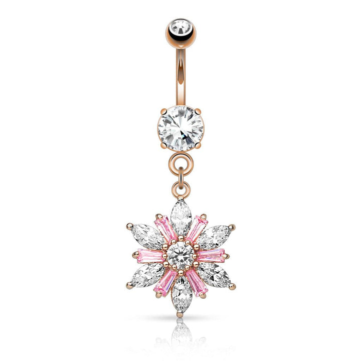 316L Surgical Steel Clear & Pink Cut CZ Snowflake Dangling Belly Ring - Pierced Universe