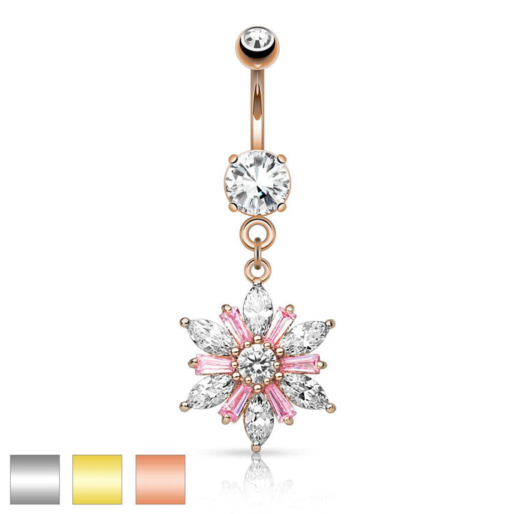 316L Surgical Steel Clear & Pink Cut CZ Snowflake Dangling Belly Ring - Pierced Universe
