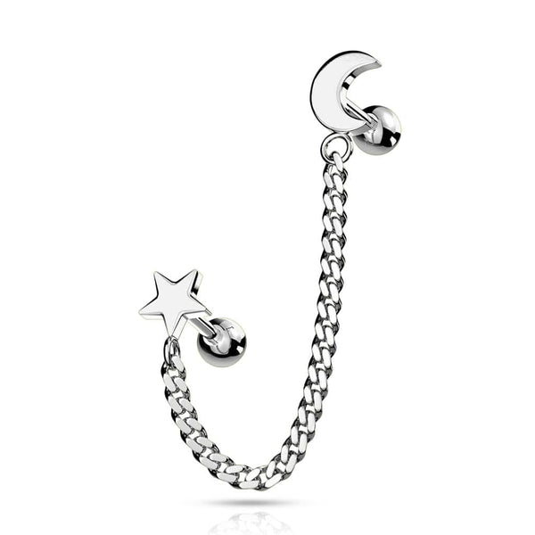 316L Surgical Steel Crescent Moon & Star Chain Link Barbell Studs - Pierced Universe