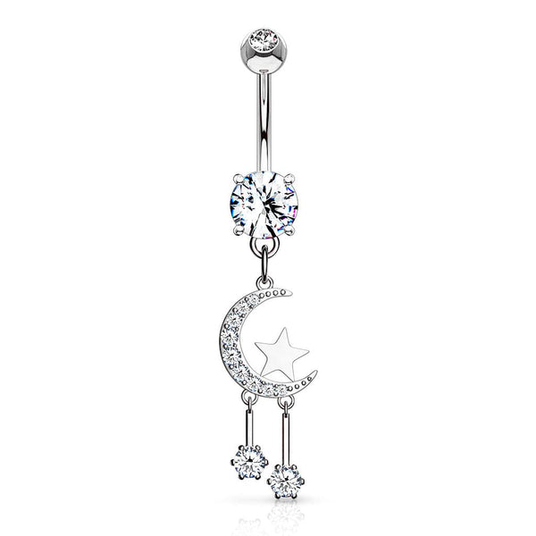 316L Surgical Steel Crescent Moon & Star Dangle Belly Button Ring - Pierced Universe