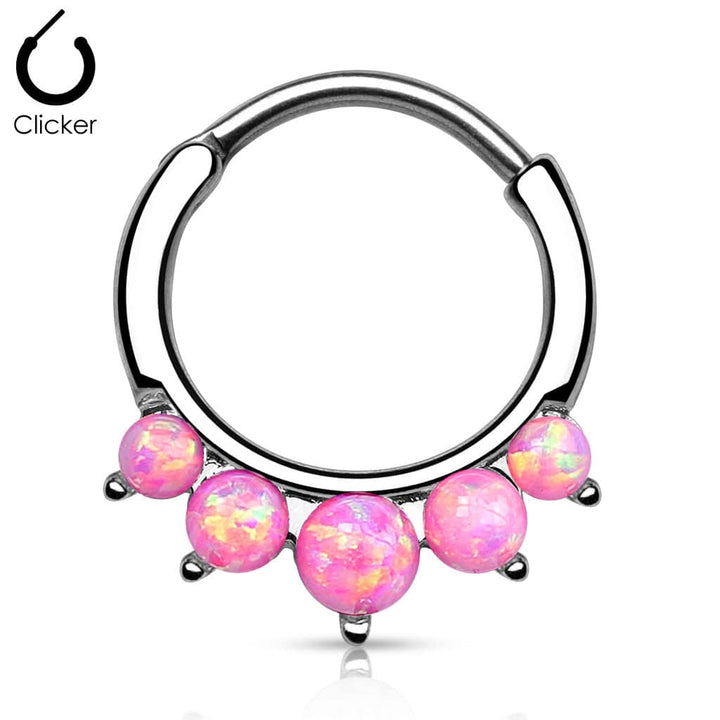 316L Surgical Steel Curved Septum Ring Clicker with 5 Opal Gems - Pierced Universe