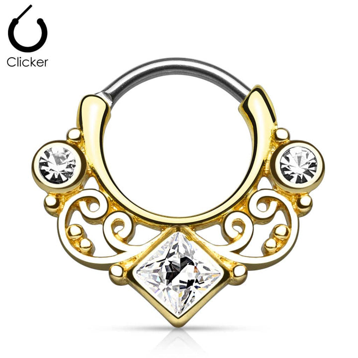 316L Surgical Steel Curved Septum Ring Clicker with Lace and CZ Gems - Pierced Universe