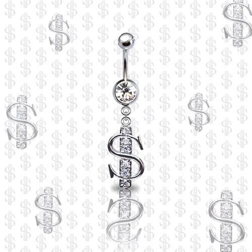 316L Surgical Steel CZ Dollar Sign Dangle Belly Ring - Pierced Universe
